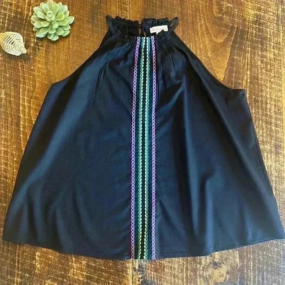 Knox Rose | Black Embroidered Flowy Halter Tank Top, Cotton Blend - Picture 2 of 7